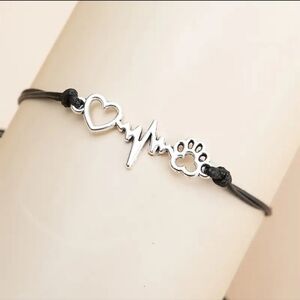 NWT Adjustable Black Rope Bracelet - Dog Paw and Heart Braid